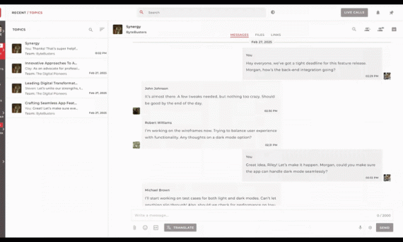 Team collaboration app showing message search by person and date on Melp platform