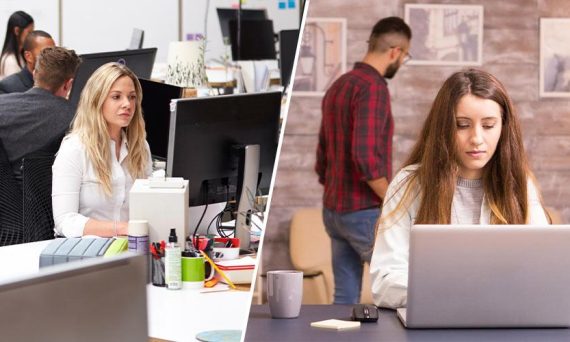 Split-screen image of people on video calls working from home and in an office, highlighting background noise challenges