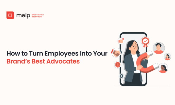 Turn employees into brand advocates, illustrated by a woman with a magnet attracting positive feedback.