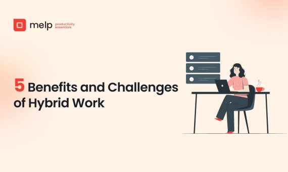 Benefits and challenges of hybrid work banner with woman working on laptop at desk