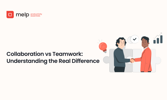 Collaboration vs teamwork banner with two professionals shaking hands beside growth and checklist icons