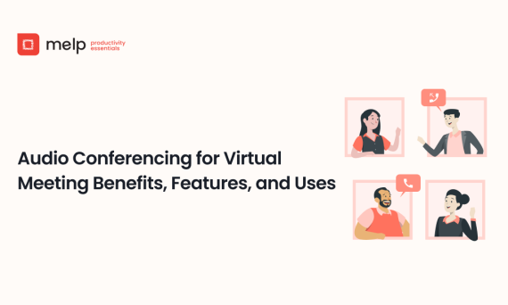Virtual meeting illustration with professionals on audio calls, highlighting key audio conferencing benefits for work