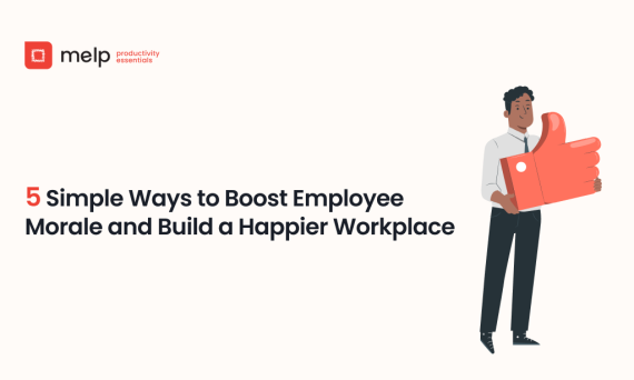 Simple ways to boost employee morale banner with professional holding a giant thumbs-up icon