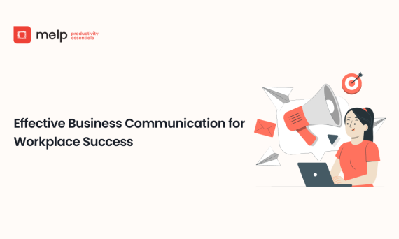 Effective business communication banner with laptop, megaphone, and target for workplace success