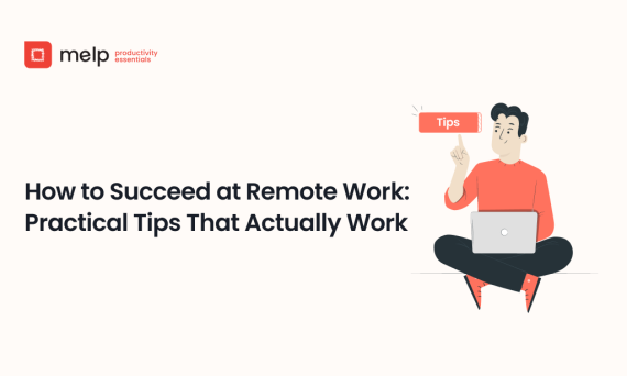 Remote work tips banner with a person on a laptop, sharing practical strategies for productive work from home.