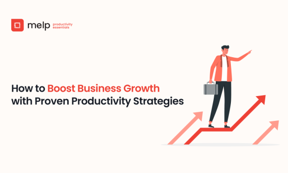 Business professional on an upward arrow, promoting proven productivity strategies for growth