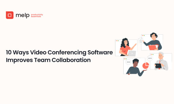 Video conferencing software improves team collaboration banner with multiple participants on screens”