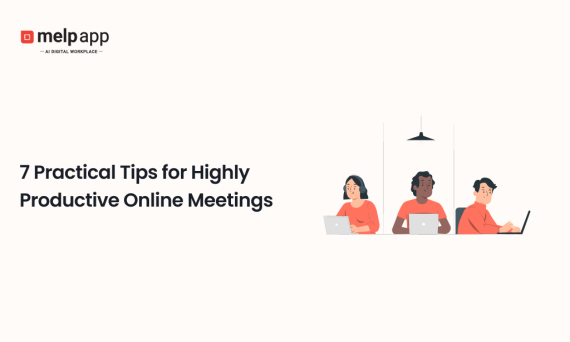 Tips for productive online meetings with remote teams, showing employees collaborating on laptops in a digital workspace.