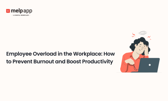 Employee overload and burnout prevention visual showing a stressed worker beside a laptop, focused on workload balance and productivity tips
