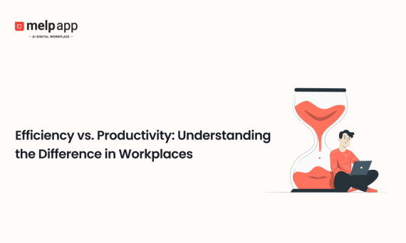 Efficiency versus productivity in the workplace shown with an hourglass and a person working on a laptop, emphasizing time management concepts.