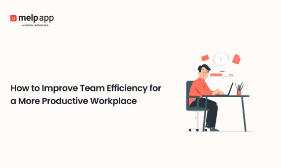 Improving team efficiency for a more productive workplace, depicted as a professional working at a desk with digital tools and time tracking icons.