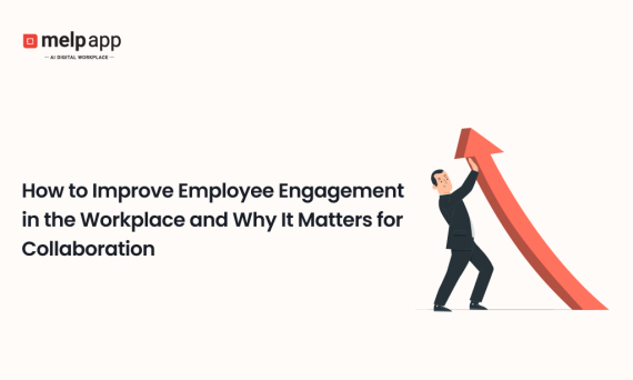 Illustration of employees working together with rising growth to represent improved engagement