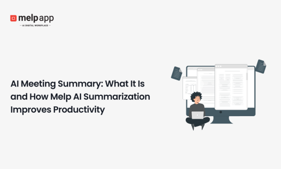 Illustration of employee using Melp AI meeting summarization tool to boost productivity