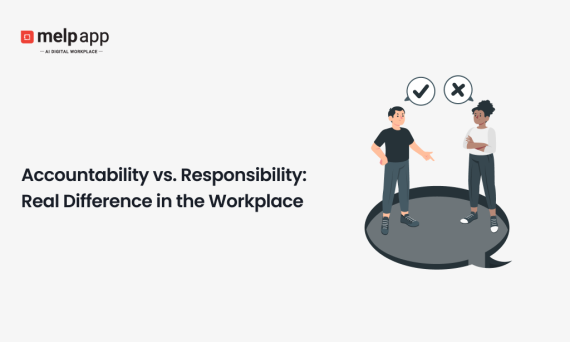 Two employees discussing accountability vs responsibility in the workplace using Melp digital workplace