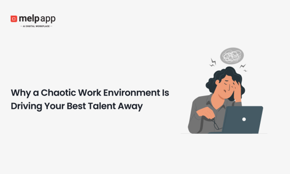 Stressed employee in chaotic work environment losing focus — Melp digital workplace promoting organized workflow