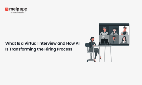 Virtual interview illustration showing remote hiring and AI-driven candidate evaluation