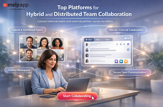 Professional working on a laptop while hybrid and remote team members connect through video and chat inside melp app