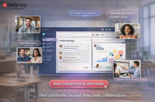 Team members communicating through chat, video calls, and shared documents on best platforms for real-time team collaboration inside melp app