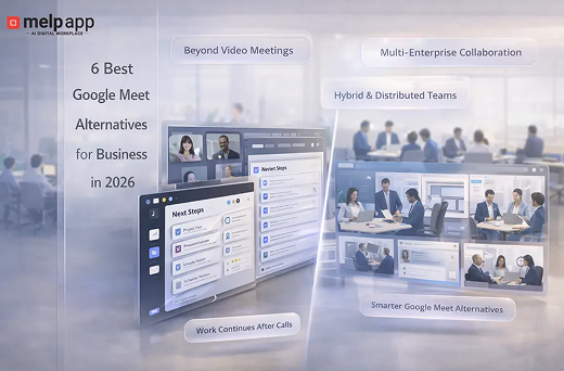 Visual showing google meet alternatives with video meetings and collaboration features displayed inside melp app