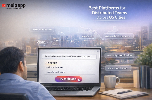Person working on a laptop showing best platforms for distributed teams across US cities, with melp app connecting locations on screen
