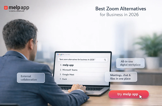 Professional working on a laptop showing best zoom alternatives for business meetings, with melp app listed on the screen