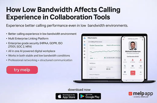 Laptop and mobile screens showing poor call quality on low bandwidth connection, improved using melp app optimized collaboration solution
